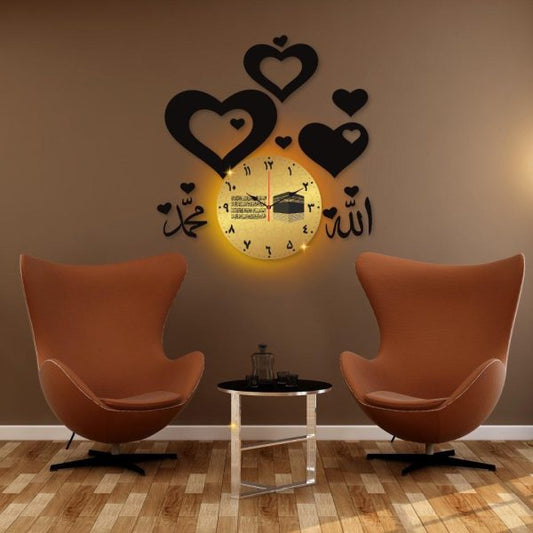 Allah Mohammad Clock Hearts Decorative Wall Clock with Lights